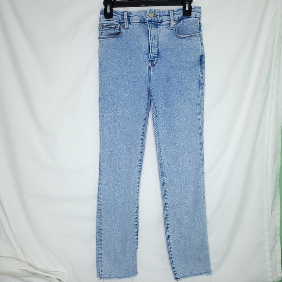 Good American Denim - GOOD AMERICAN Women's Light Wash Raw Hem Straight Leg Jeans Size 4